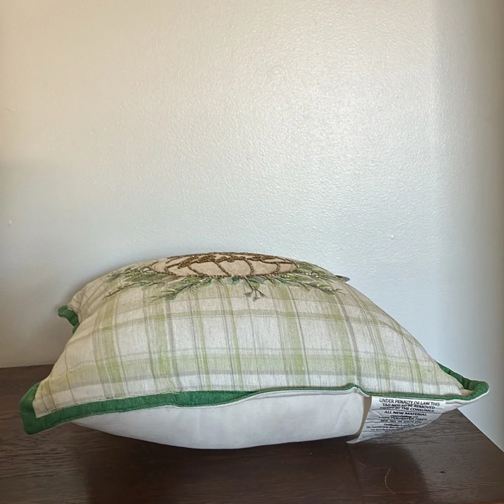 HP-NWT 16x16 Soft Green & Cream Plaid- Blessed Beaded Pumpkin Decorative Pillow